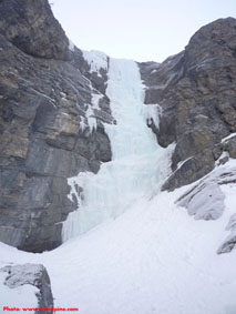 Upper section of Bourgeau Left ice climb above the Sunshine parking lot.