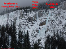 overview of ice climbs at Footloose and Fancy Free area along the Yoho Valley Road.