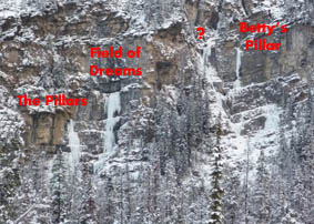 The Pillars, Field of Dreams, & Betty's Pillar ice climbs along the Yoho Valley Road.